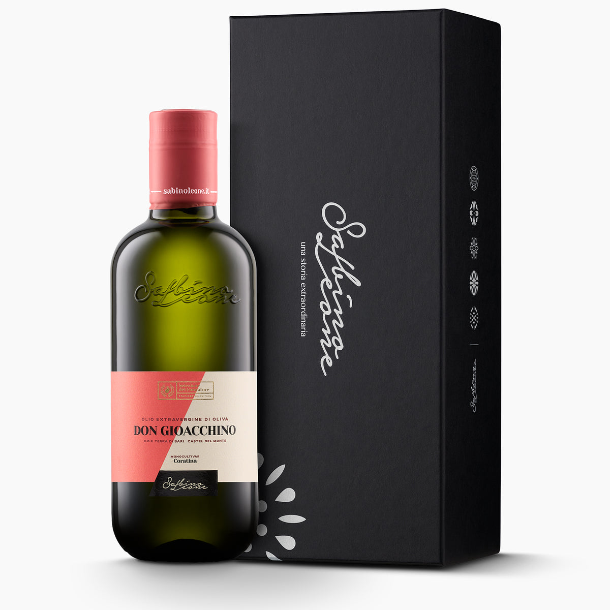 Sabino Leone Don Gioacchino DOP Terra di Bari 500 ml bottle with its gift box.