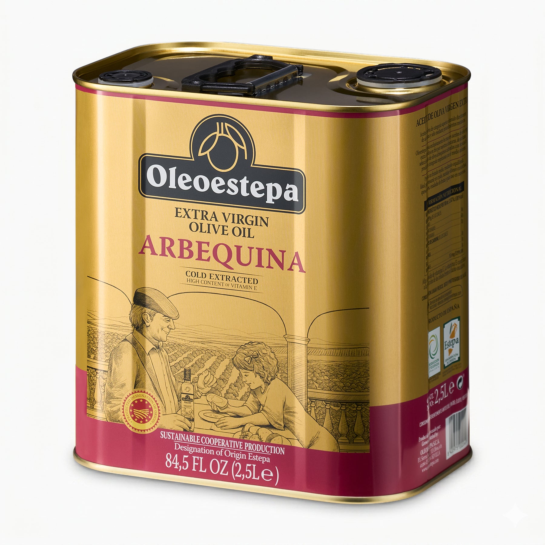 Angled view of Oleoestepa Arbequina 2.5L Tin Spanish extra virgin olive oil.