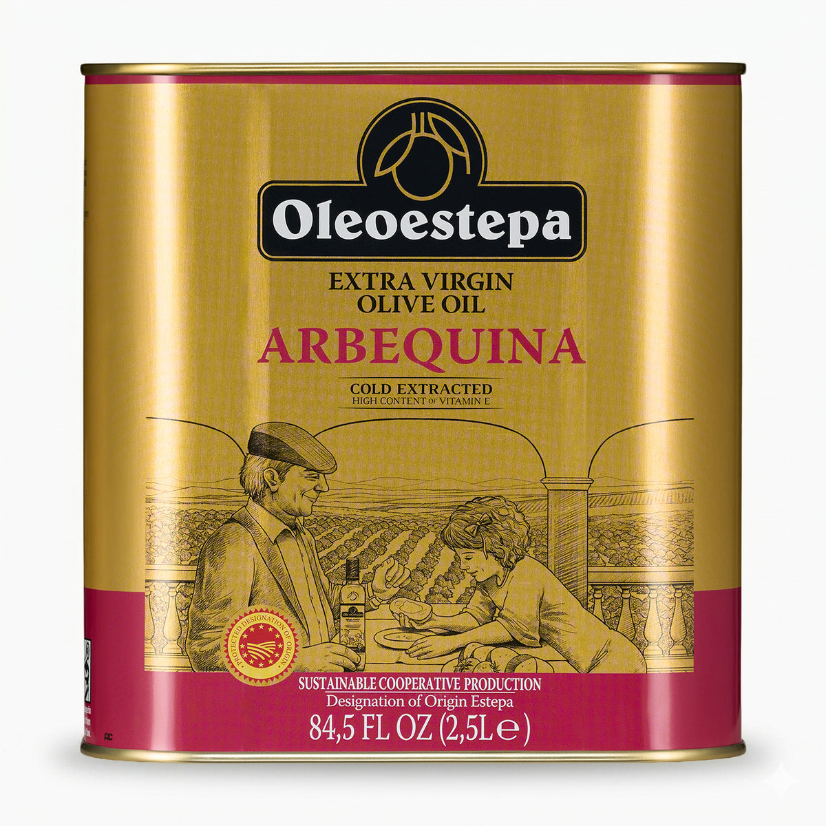 A 2.5L Tin of Oleoestepa Arbequina extra virgin olive oil from Andalusia, Spain.