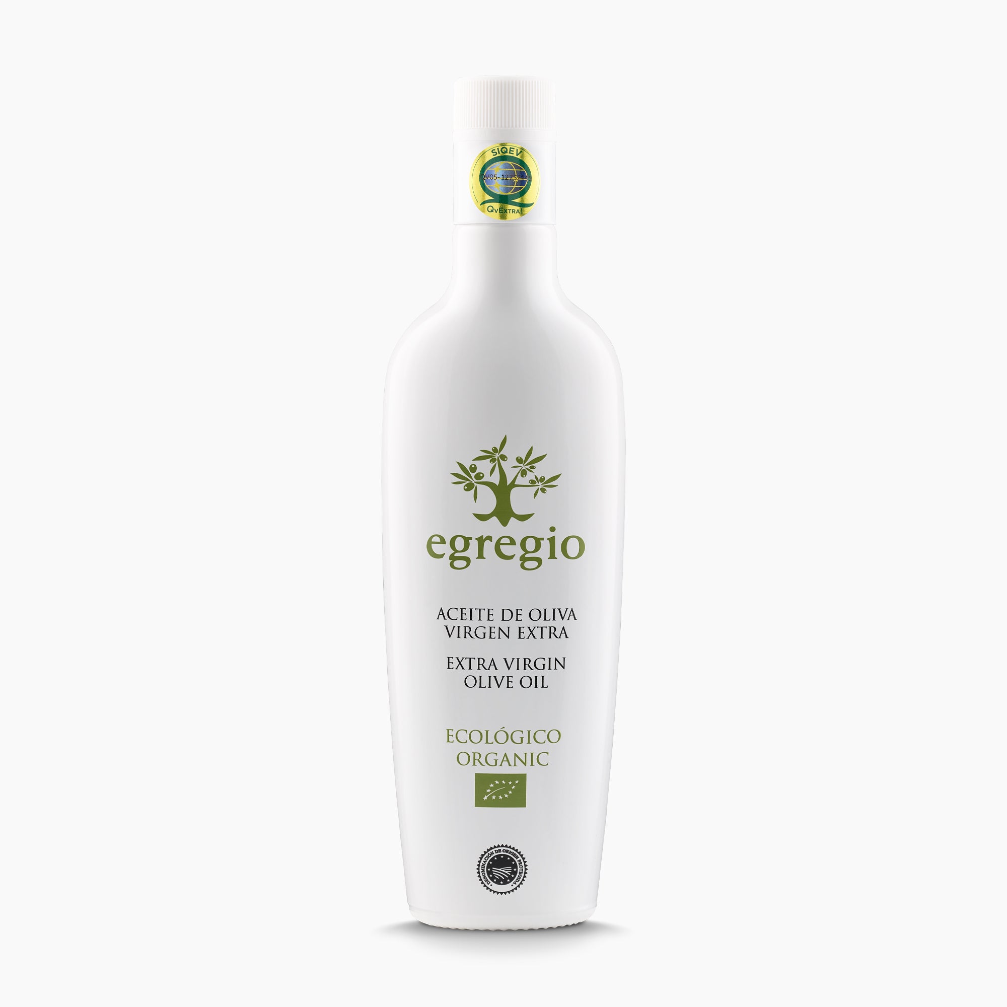 A 500 ml bottle of Oleoestepa Egregio Organic extra virgin olive oil, from Andalusia, Spain.