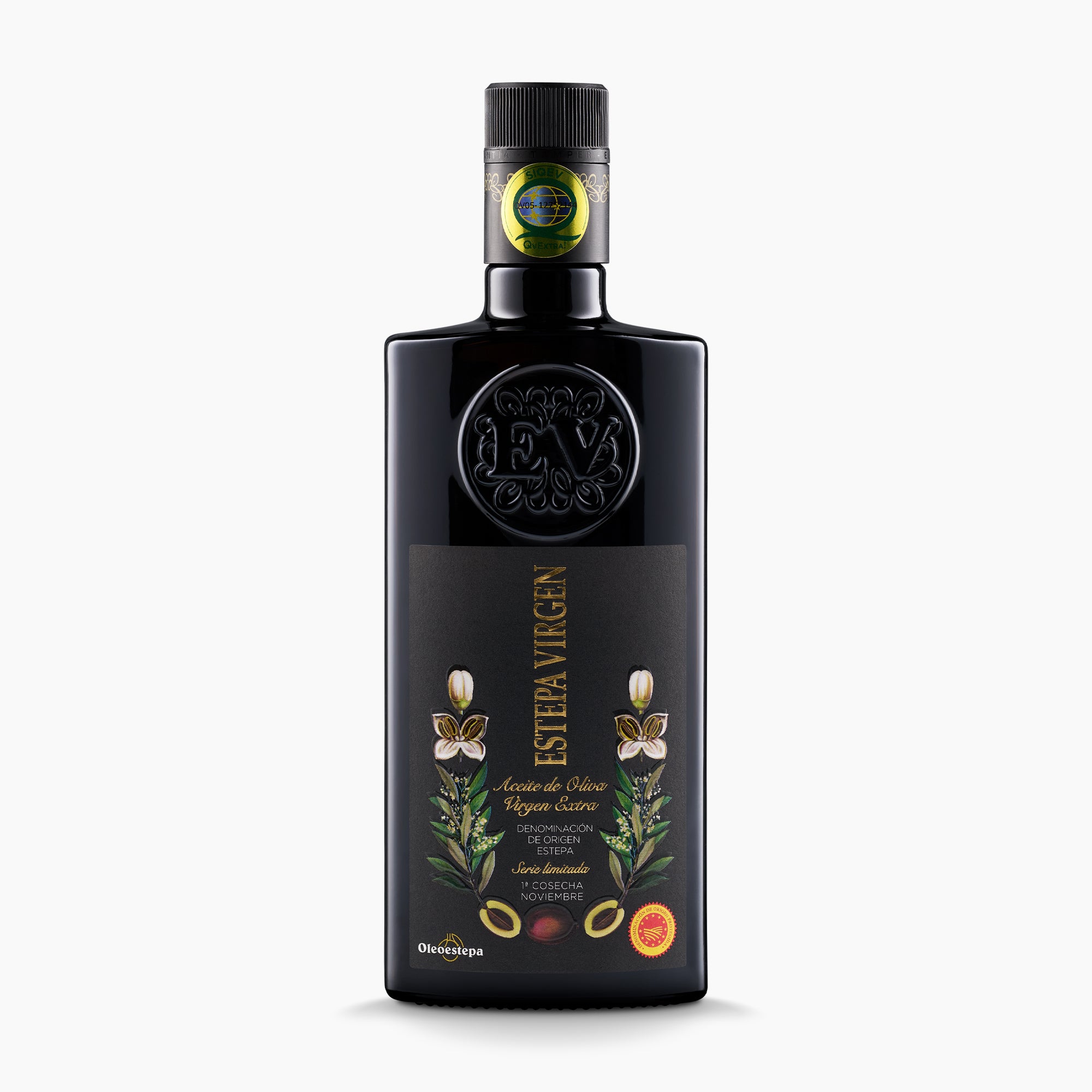 Oleoestepa Estepa Virgen extra virgin olive oil in a 500 ml black bottle.