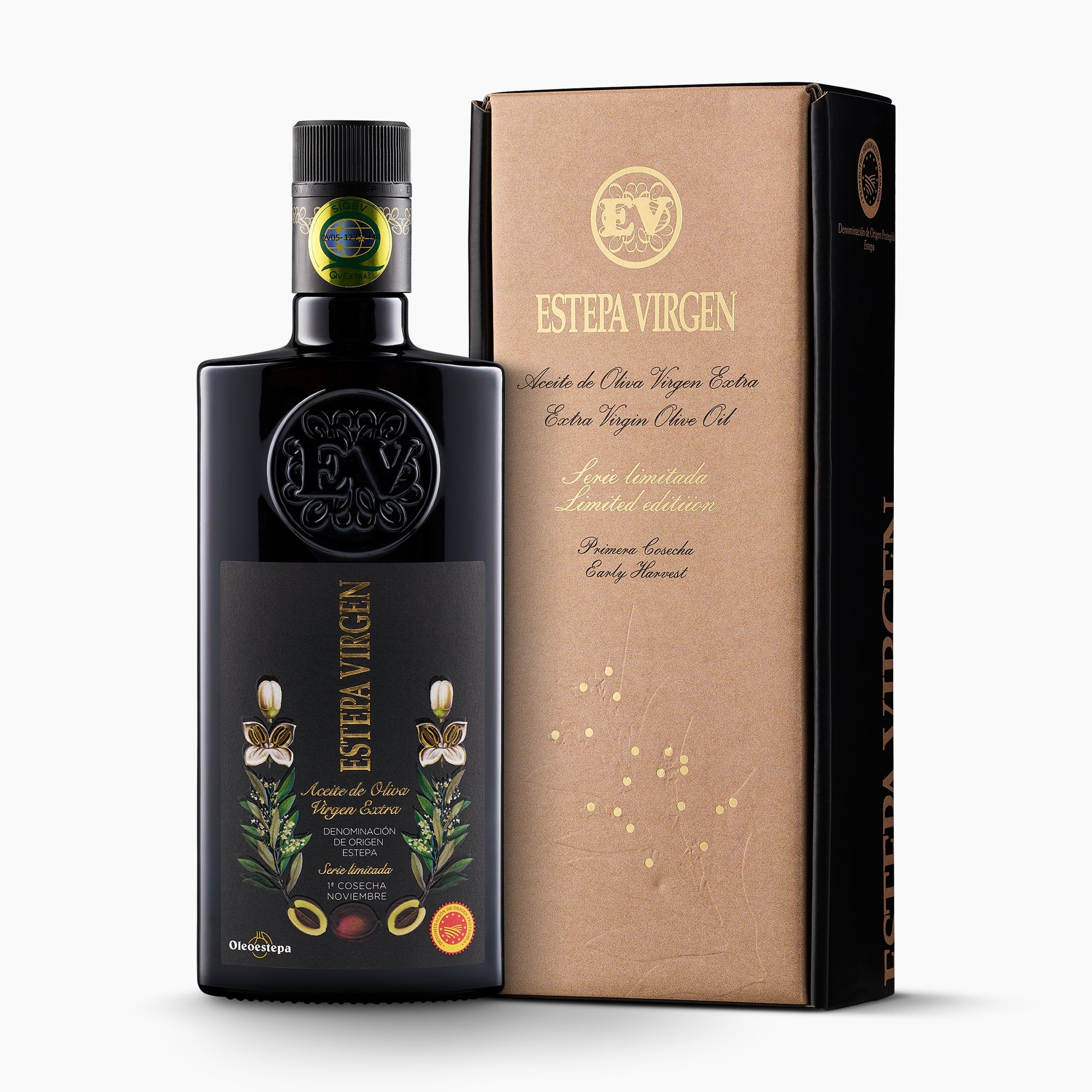 Estepa Virgen Premium olive oil bottle with its gift box.