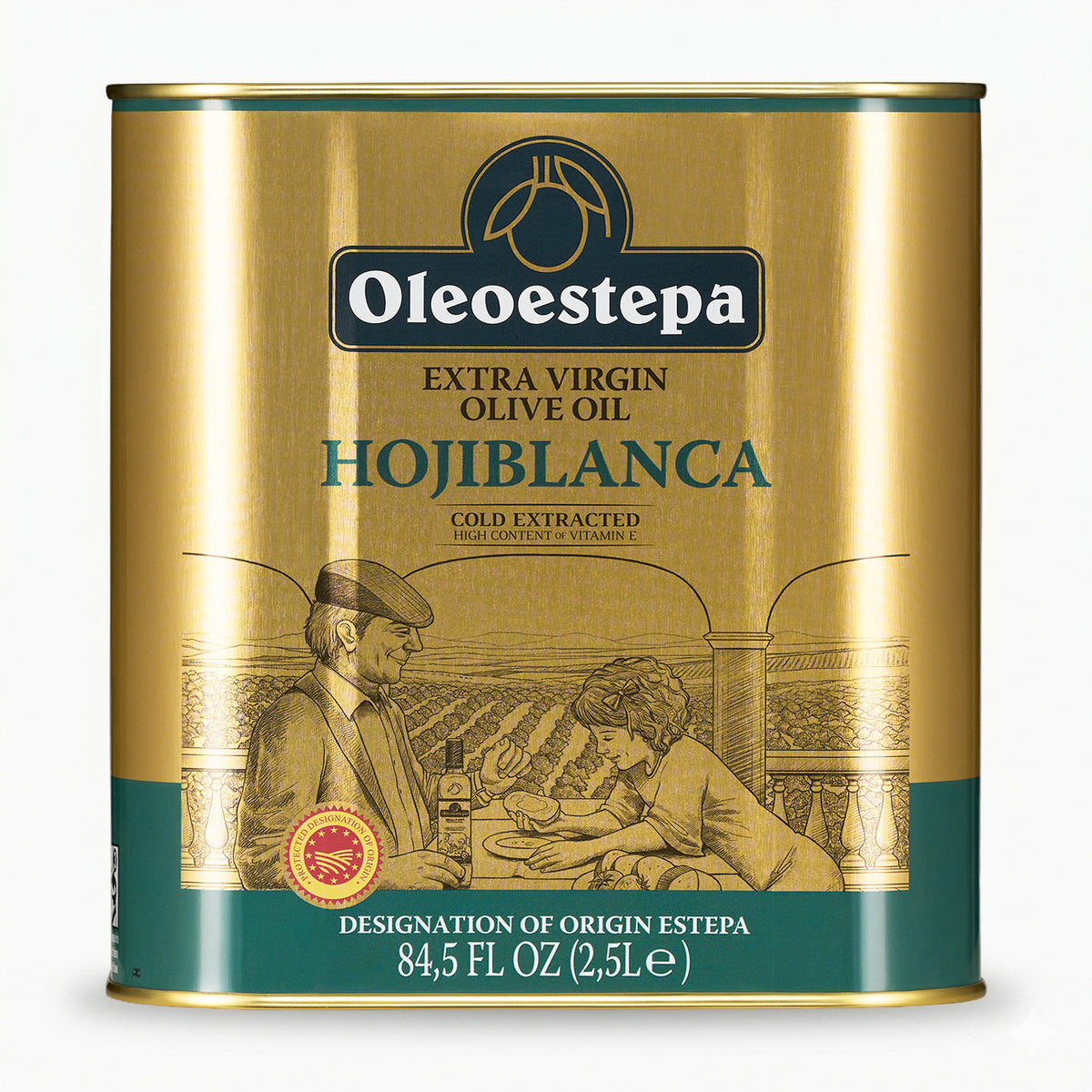 A 2.5L Tin of Oleoestepa Hojiblanca Spanish extra virgin olive oil.