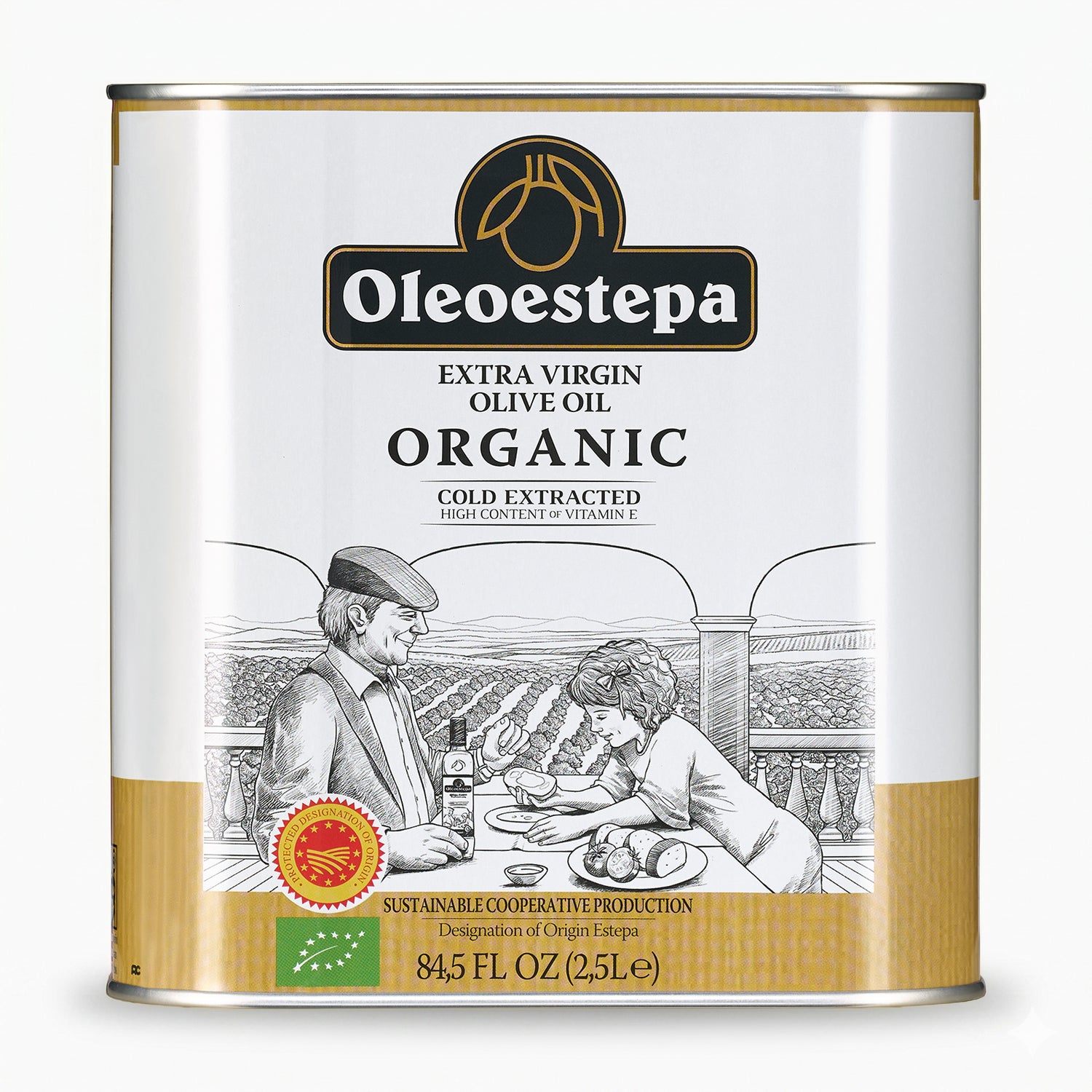 A 2.5L Tin of Oleoestepa Organic extra virgin olive oil from Spain.