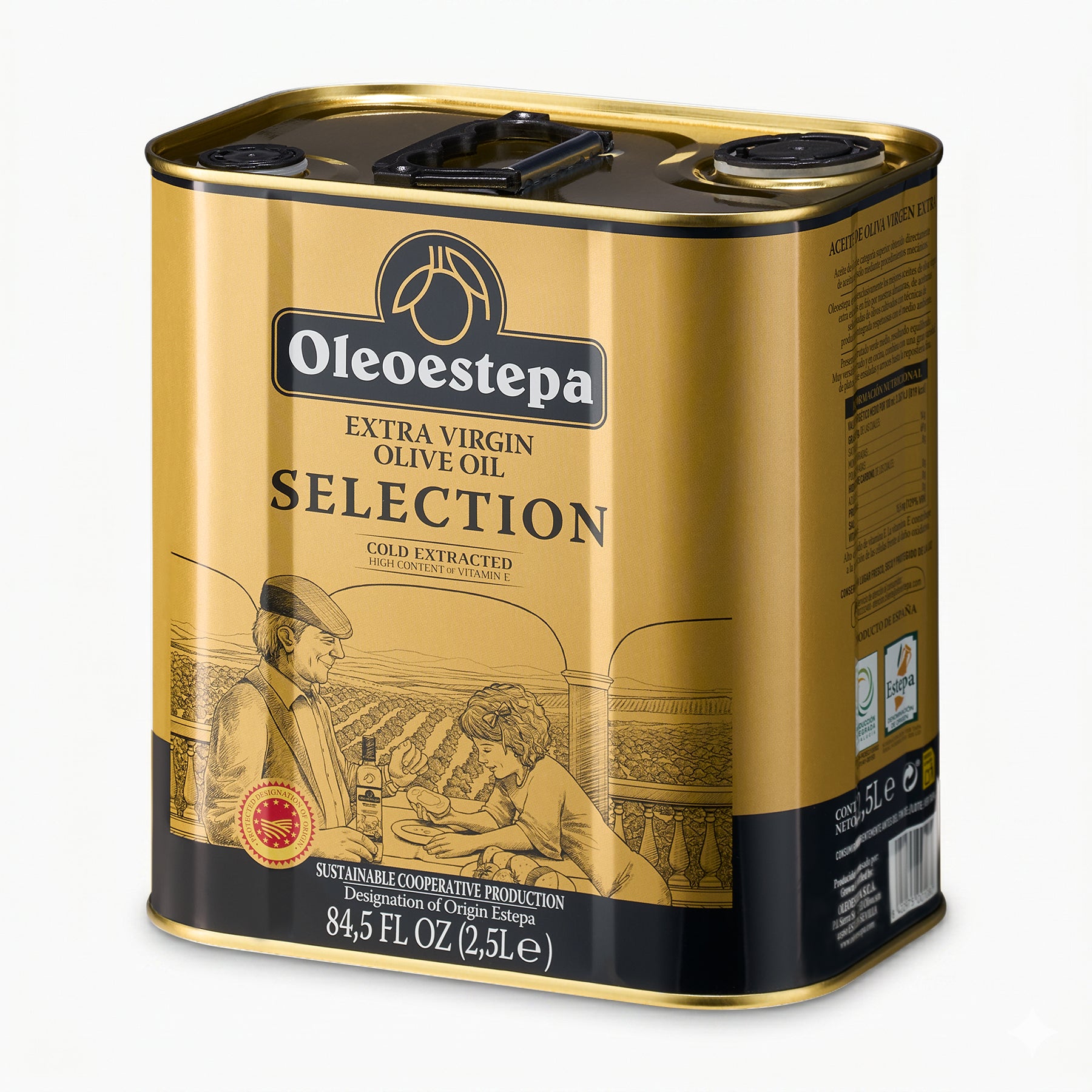 Angled view of Oleoestepa Seleccion 2.5L Tin extra virgin olive oil from Andalusia, Spain.