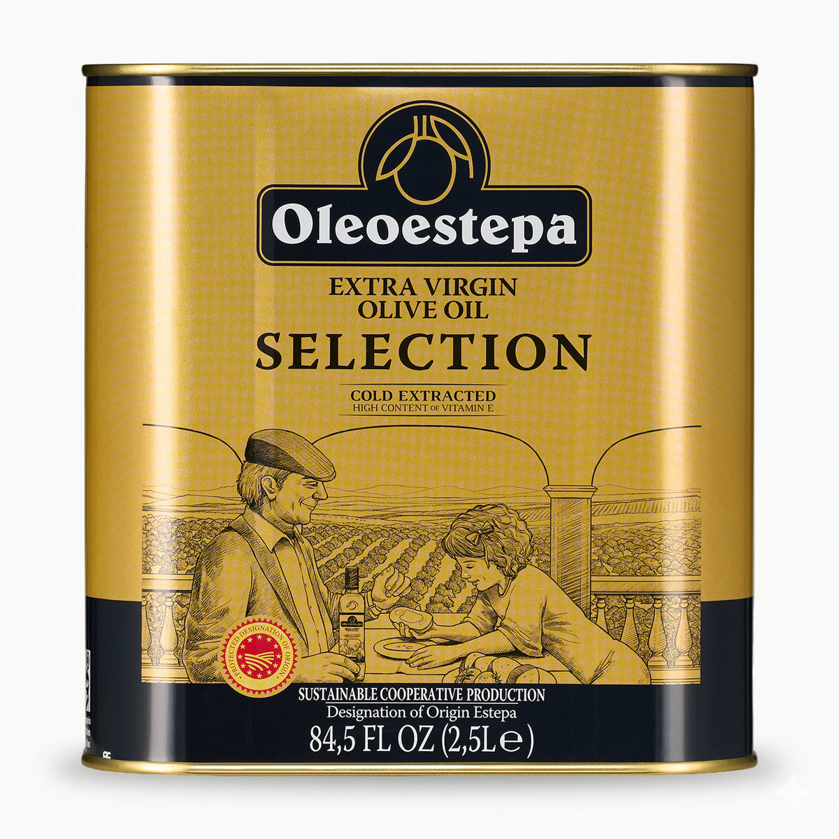 A 2.5L Tin of Oleoestepa Seleccion extra virgin olive oil from Andalusia, Spain.