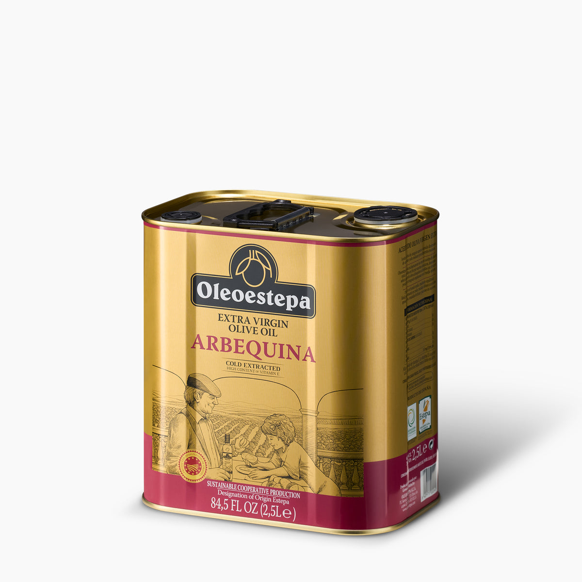 Angled view of Oleoestepa Arbequina 2.5L Tin Spanish extra virgin olive oil.