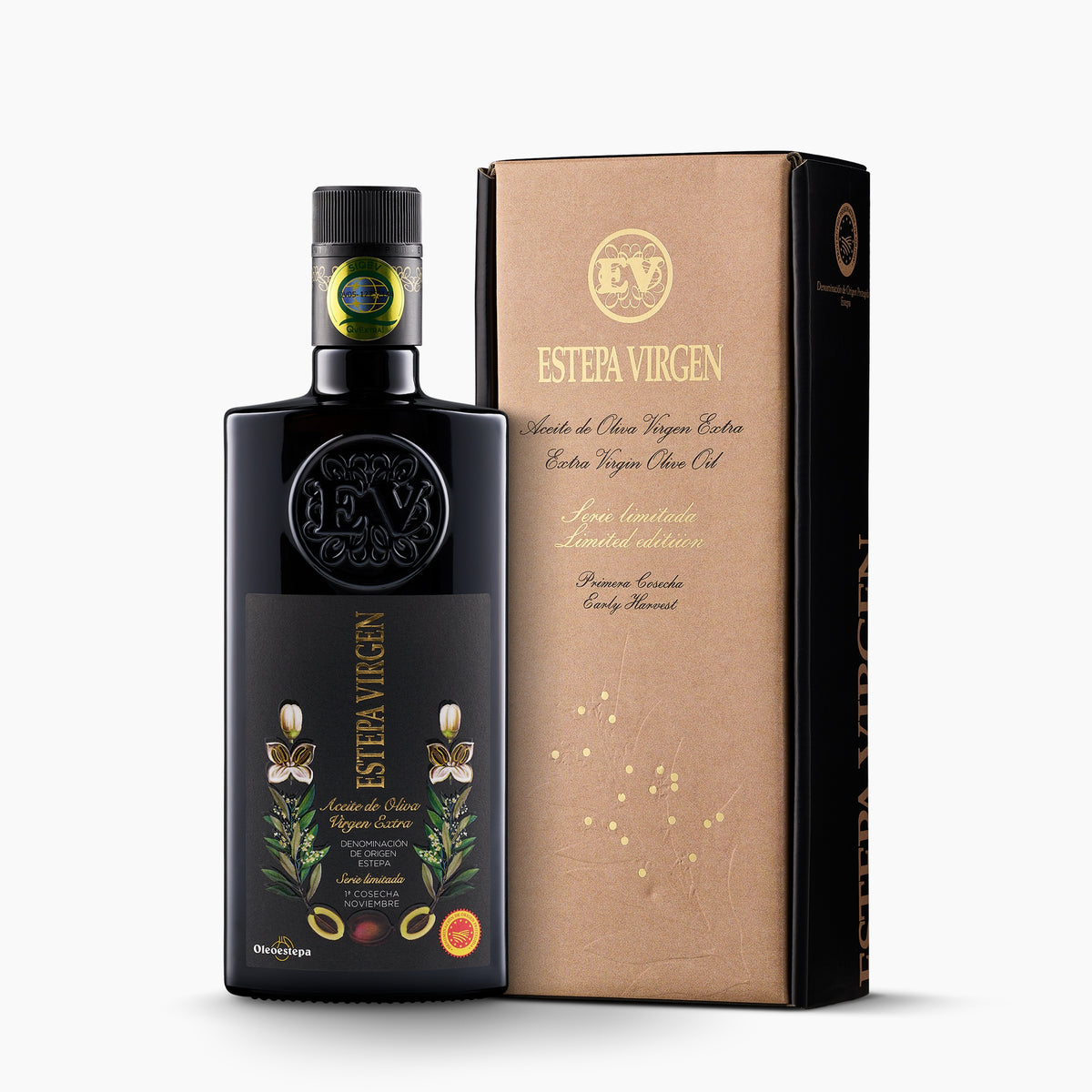 Estepa Virgen Premium olive oil bottle with its gift box.