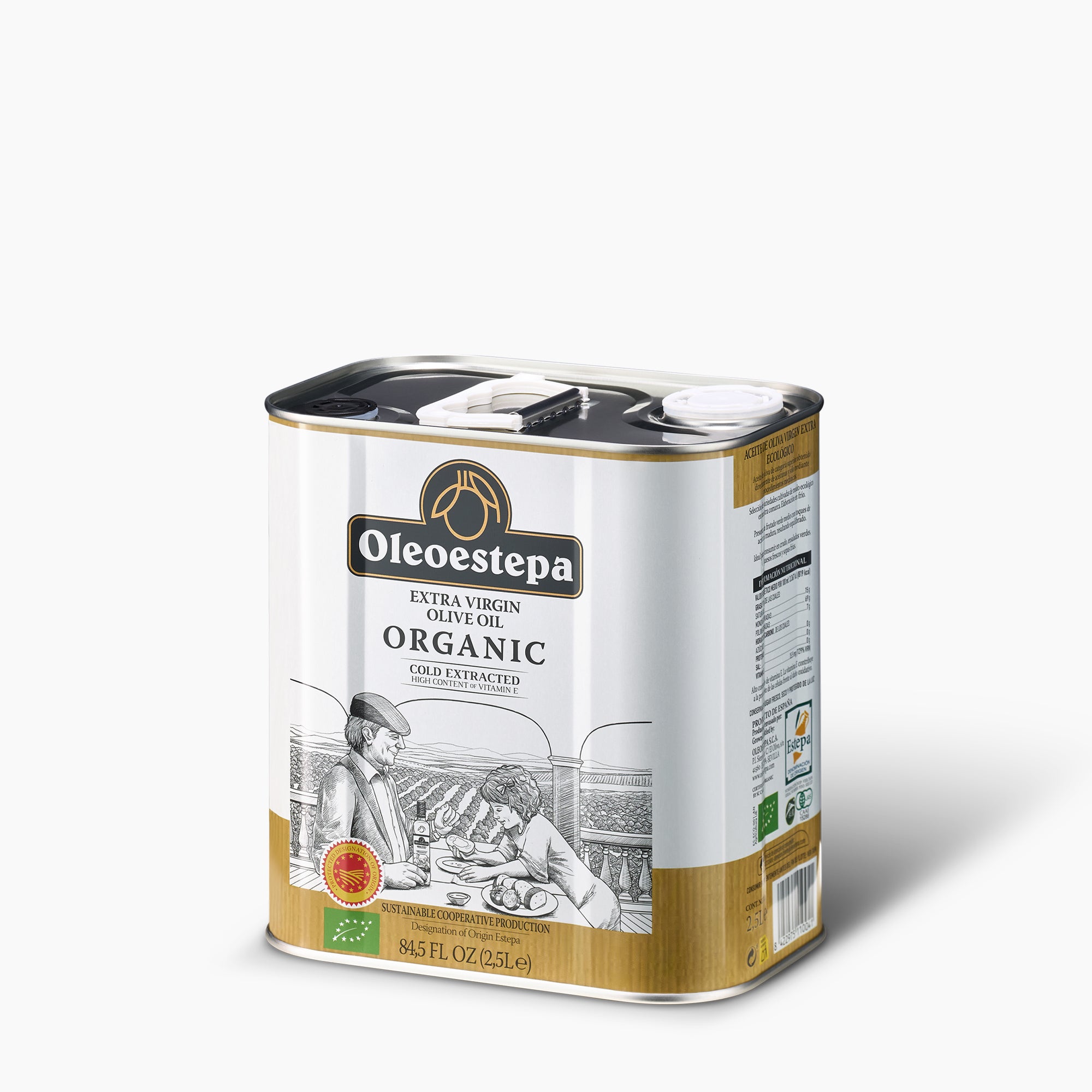 Angled view of Oleoestepa Organic 2.5L extra virgin olive oil tin from Andalusia, Spain.