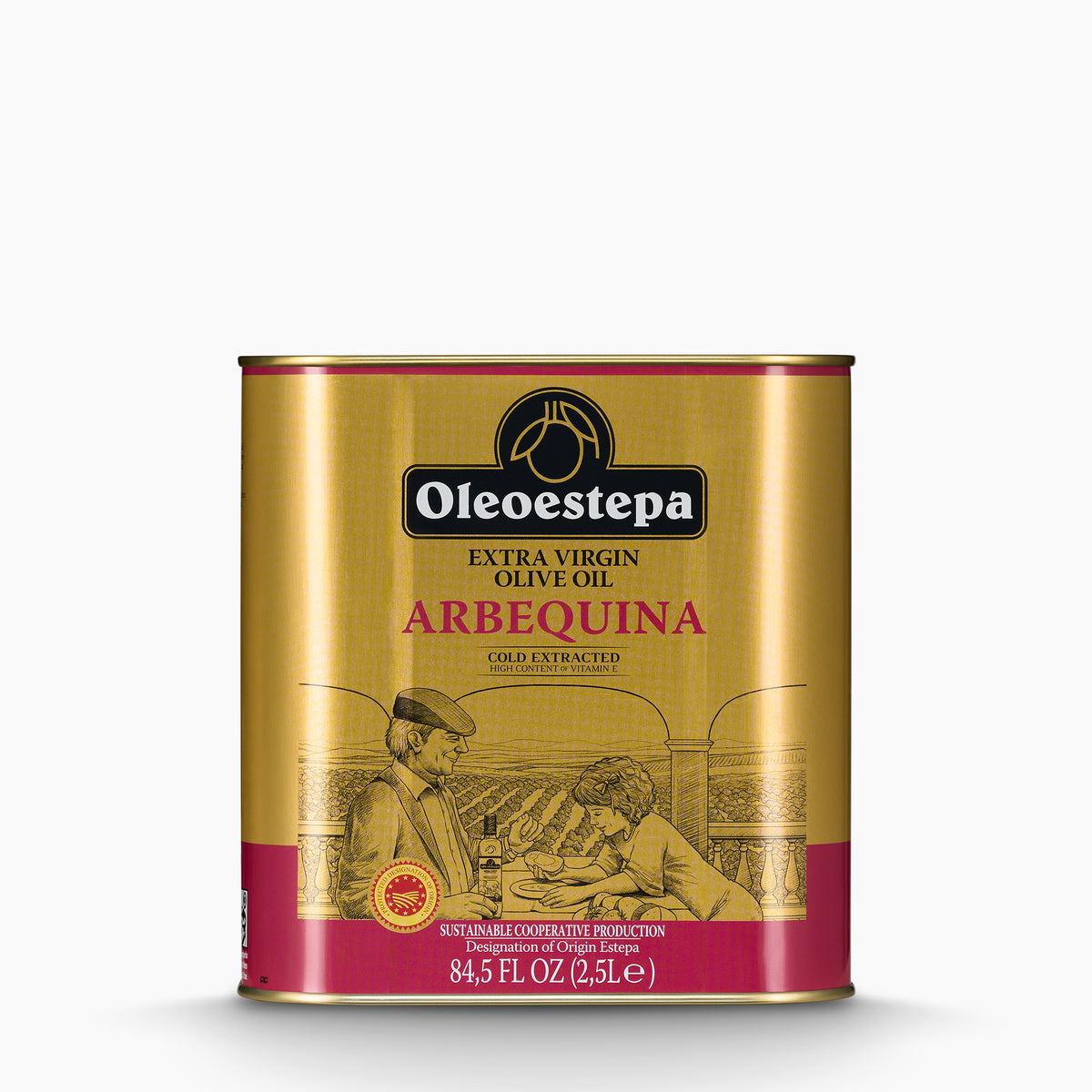 A 2.5L Tin of Oleoestepa Arbequina extra virgin olive oil from Andalusia, Spain.