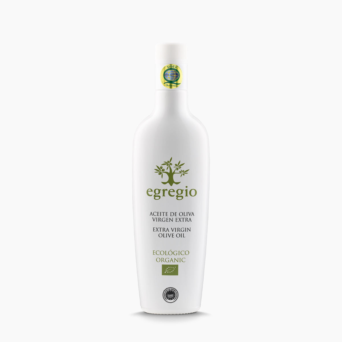 A 500 ml bottle of Oleoestepa Egregio Organic extra virgin olive oil, from Andalusia, Spain.