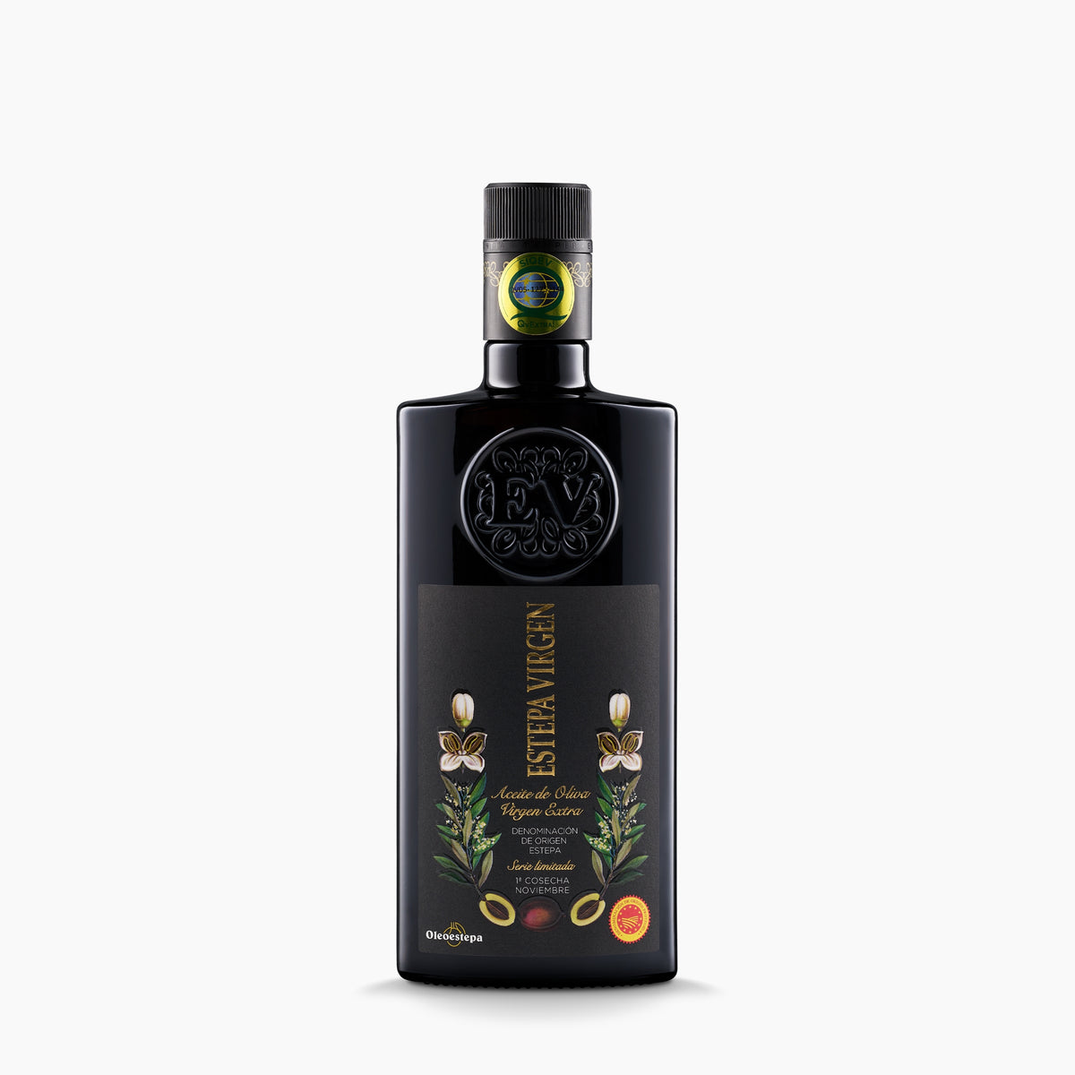 Oleoestepa Estepa Virgen extra virgin olive oil in a 500 ml black bottle.