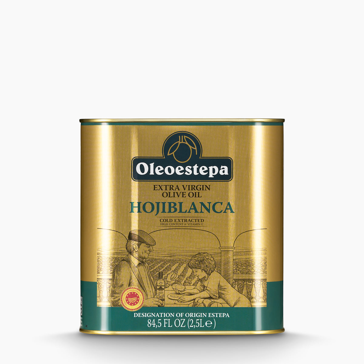 A 2.5L Tin of Oleoestepa Hojiblanca Spanish extra virgin olive oil.