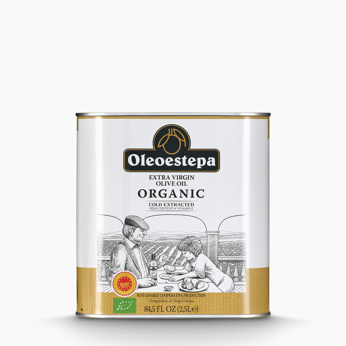 A 2.5L Tin of Oleoestepa Organic extra virgin olive oil from Spain.