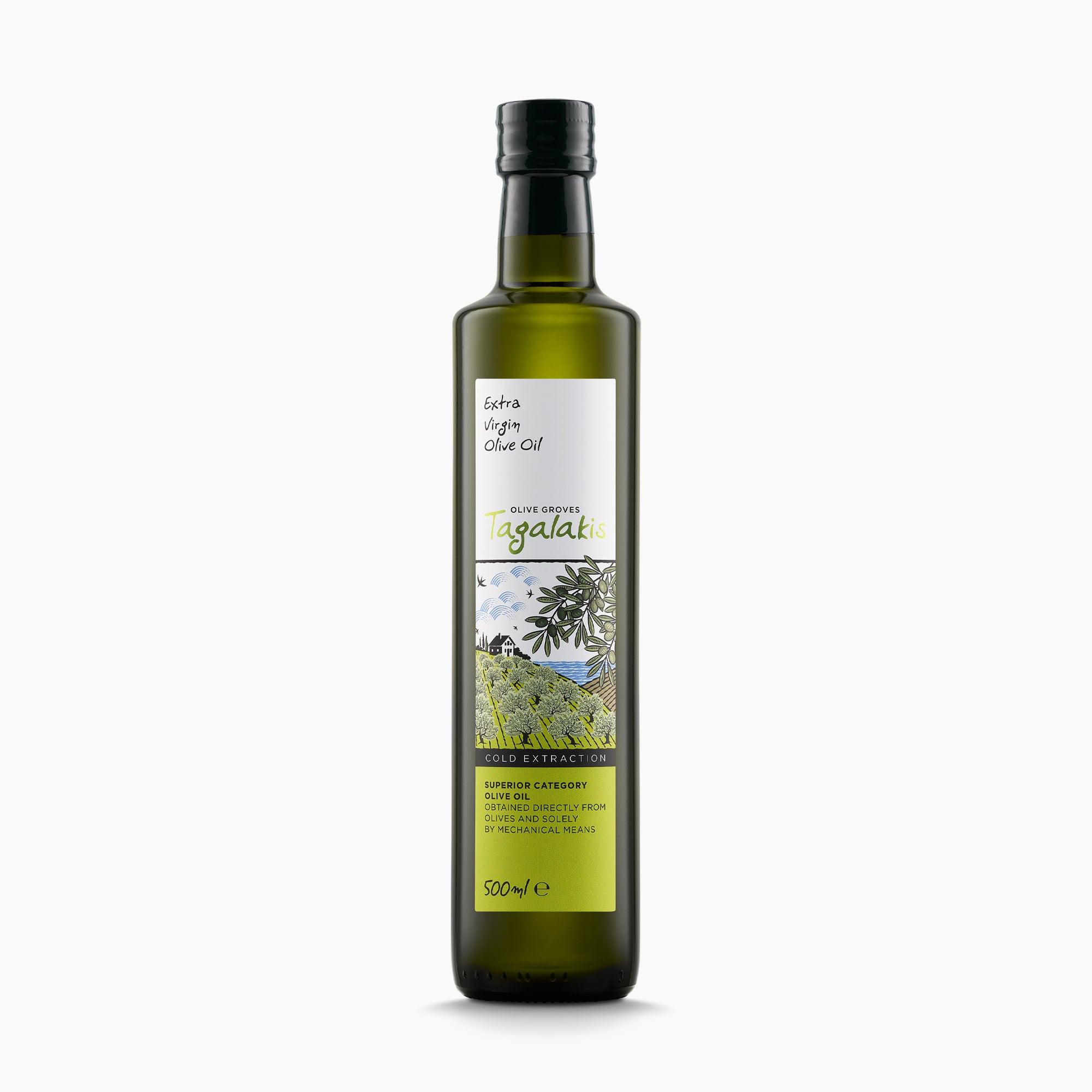500 ml bottle of Tagalakis Elaiones extra virgin olive oil, from Peloponnese, Greece.