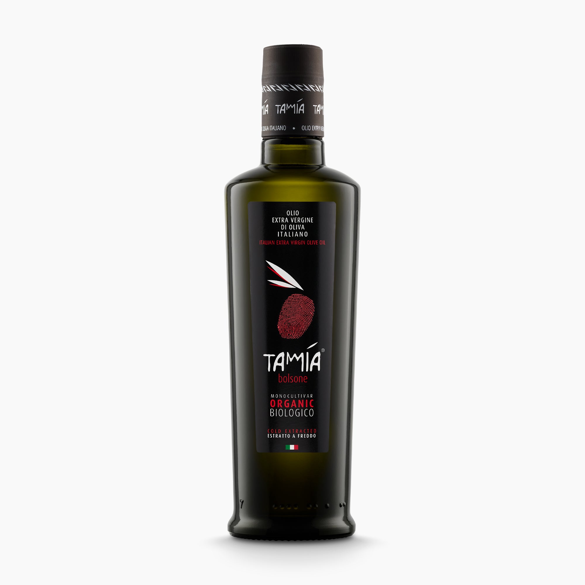 500 ml bottle of Tamia Bolsone Organic extra virgin olive oil from Lazio, Italy.