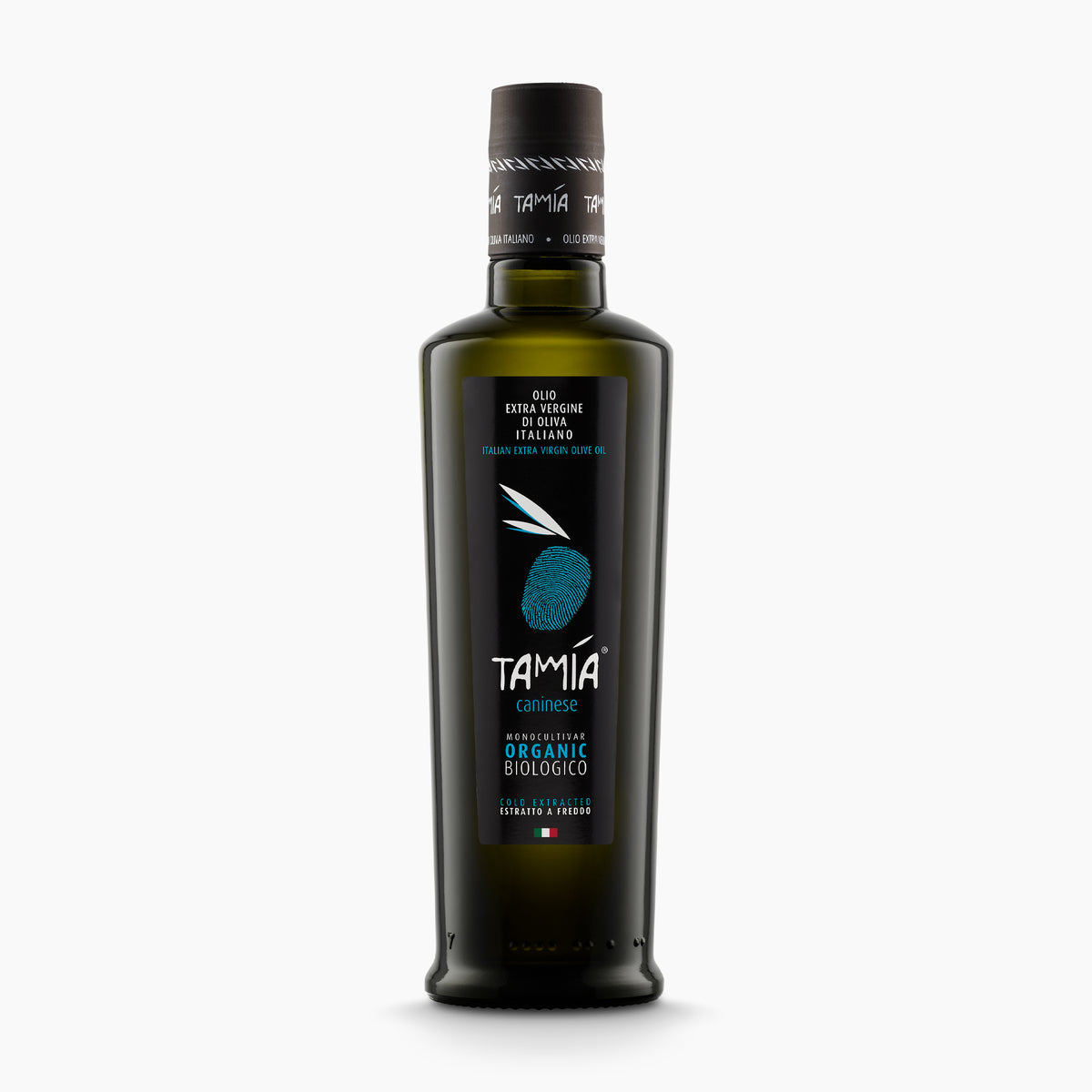 Tamia Caninese Organic 500 ml extra virgin olive oil bottle from Lazio, Italy.
