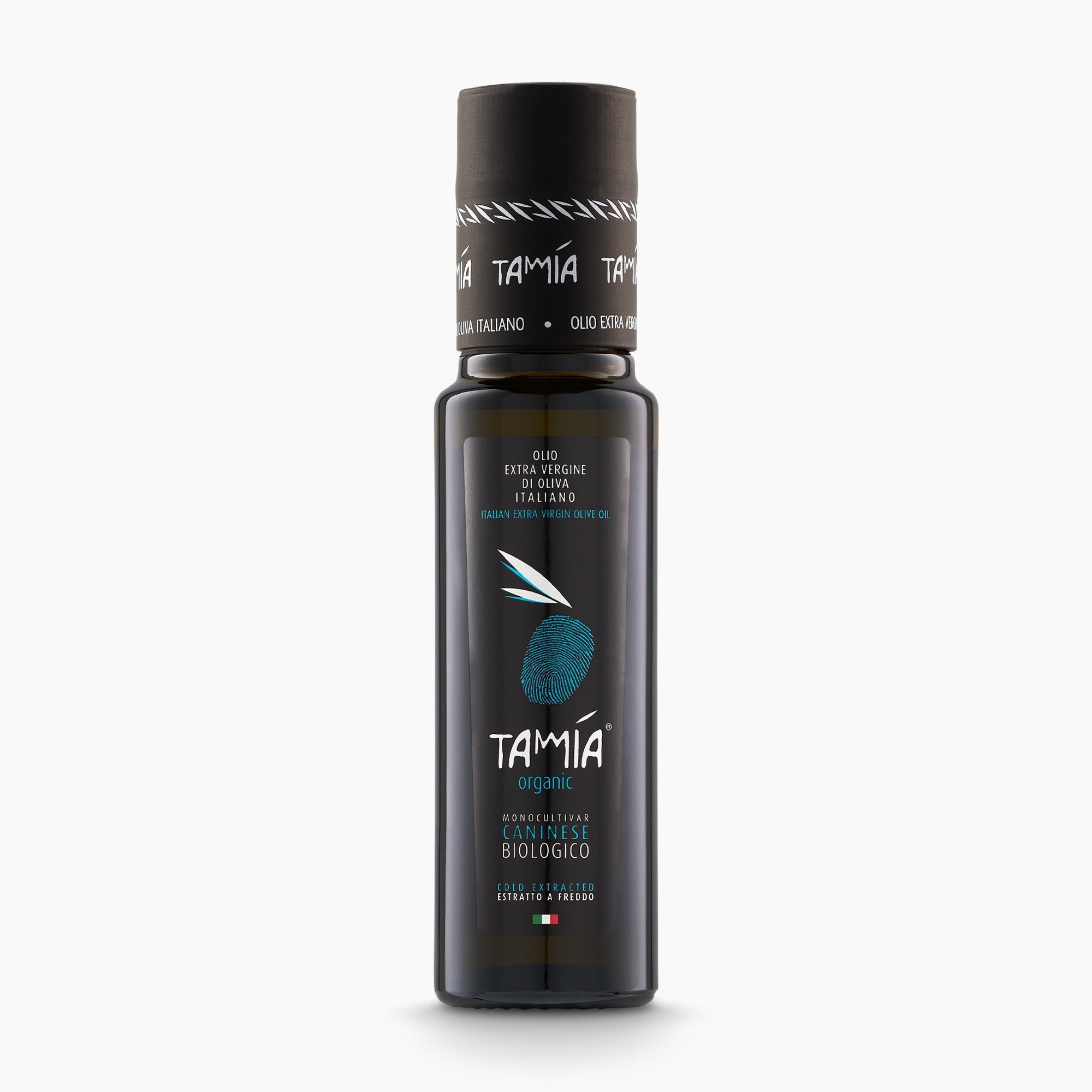 100 ml bottle of Tamia Caninese Organic extra virgin olive oil from Lazio, Italy.