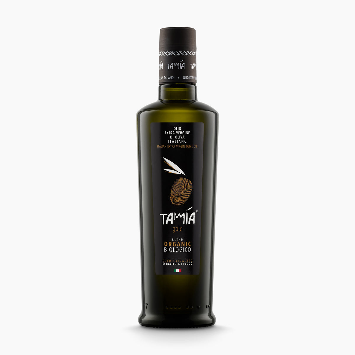 A 500 ml Tamia Gold Organic extra virgin olive oil bottle from Lazio, Italy.