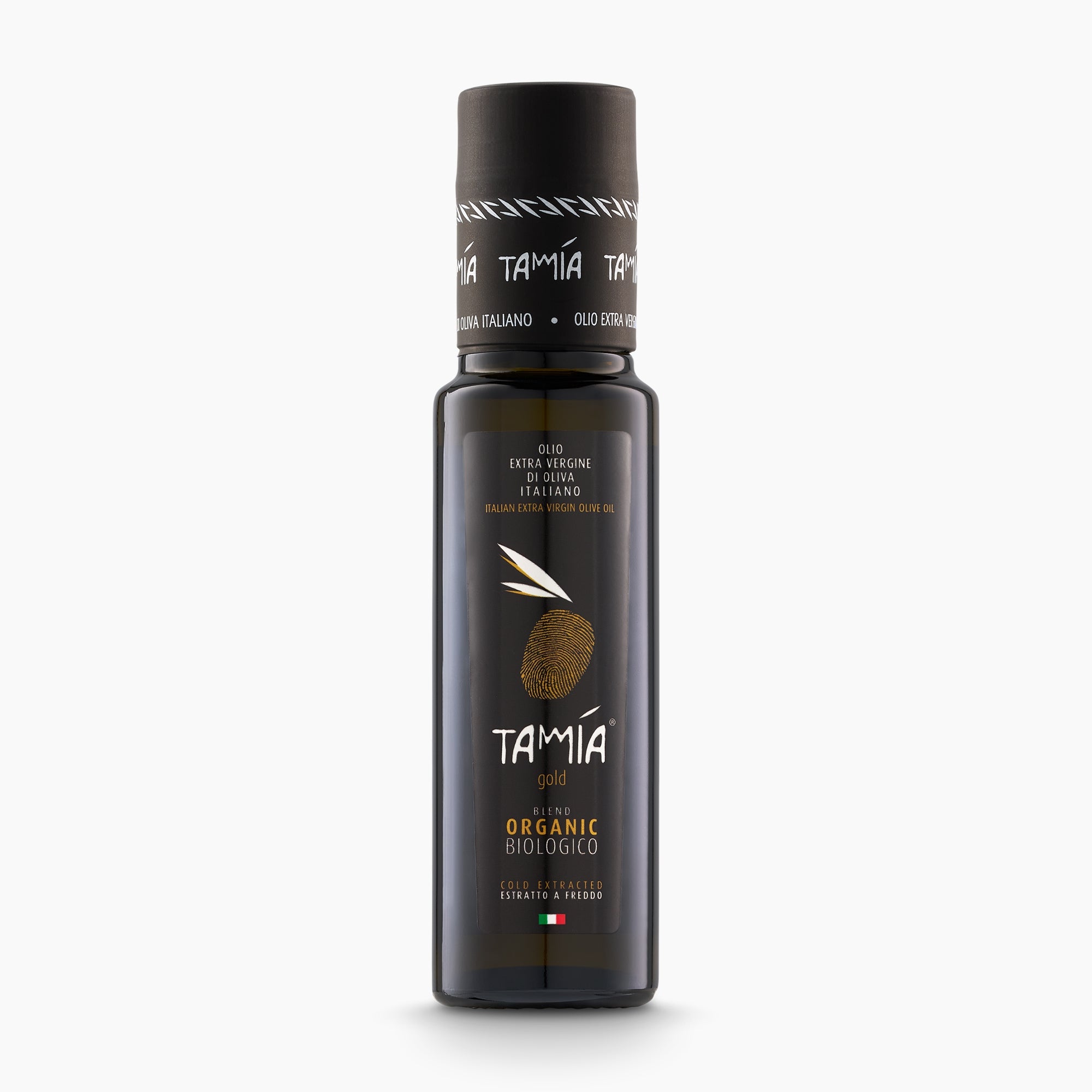 100 ml bottle of Tamia Gold Organic extra virgin olive oil from Lazio, Italy.