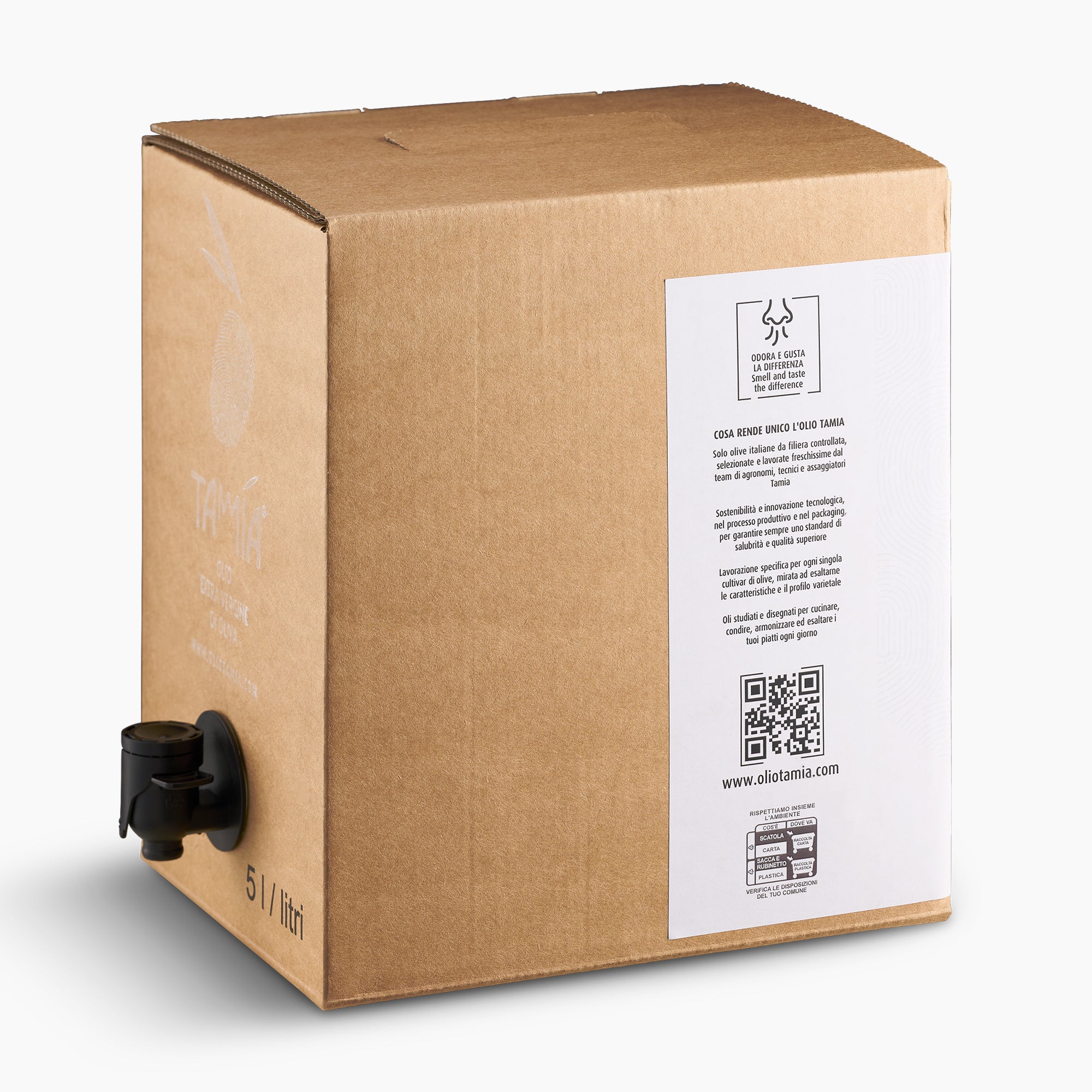 Tamia Green extra virgin olive oil in 5L Bag-in-Box with dispensing spout extended.