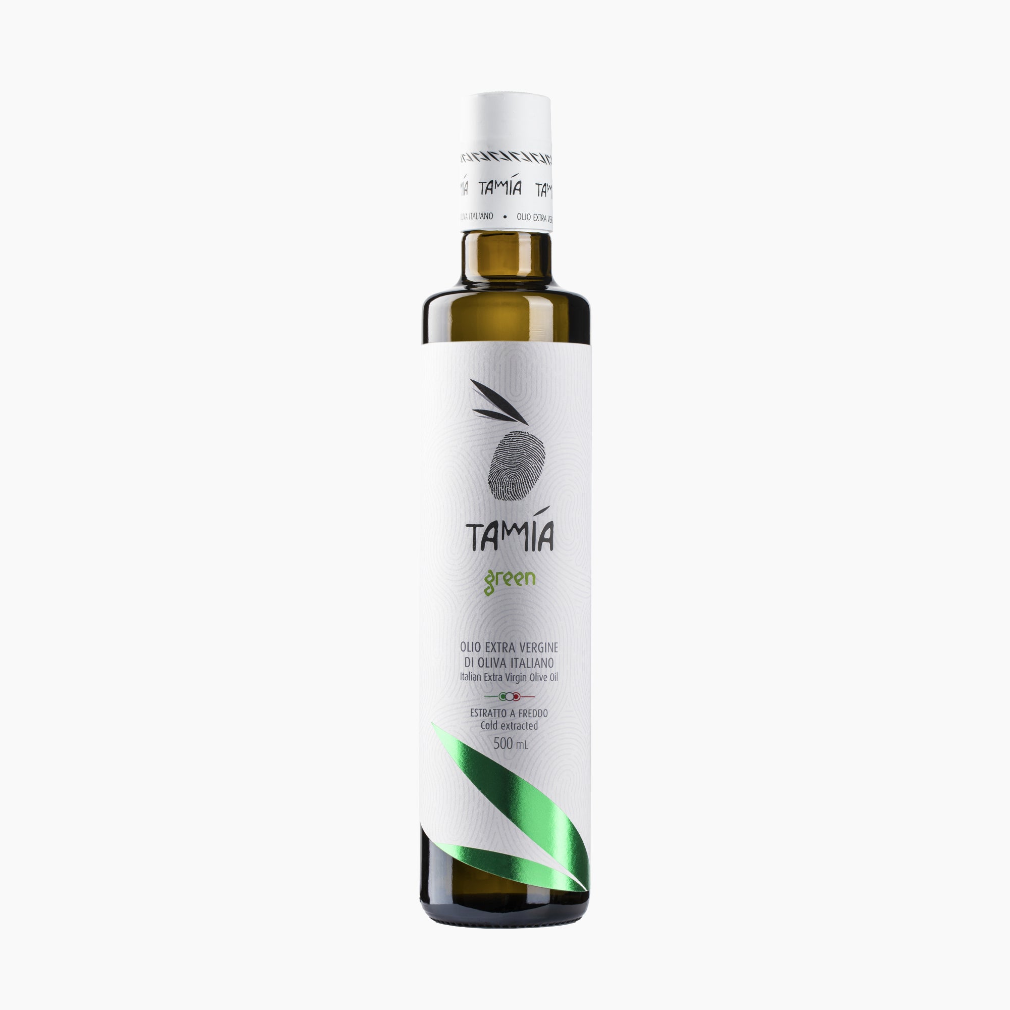 A 500 ml bottle of Tamia Green extra virgin olive oil from Lazio, Italy.