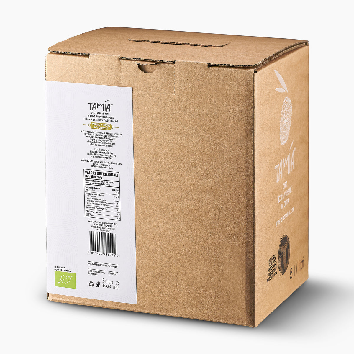 Angled view of Tamia Organic extra virgin olive oil in a 5L Bag-in-Box.