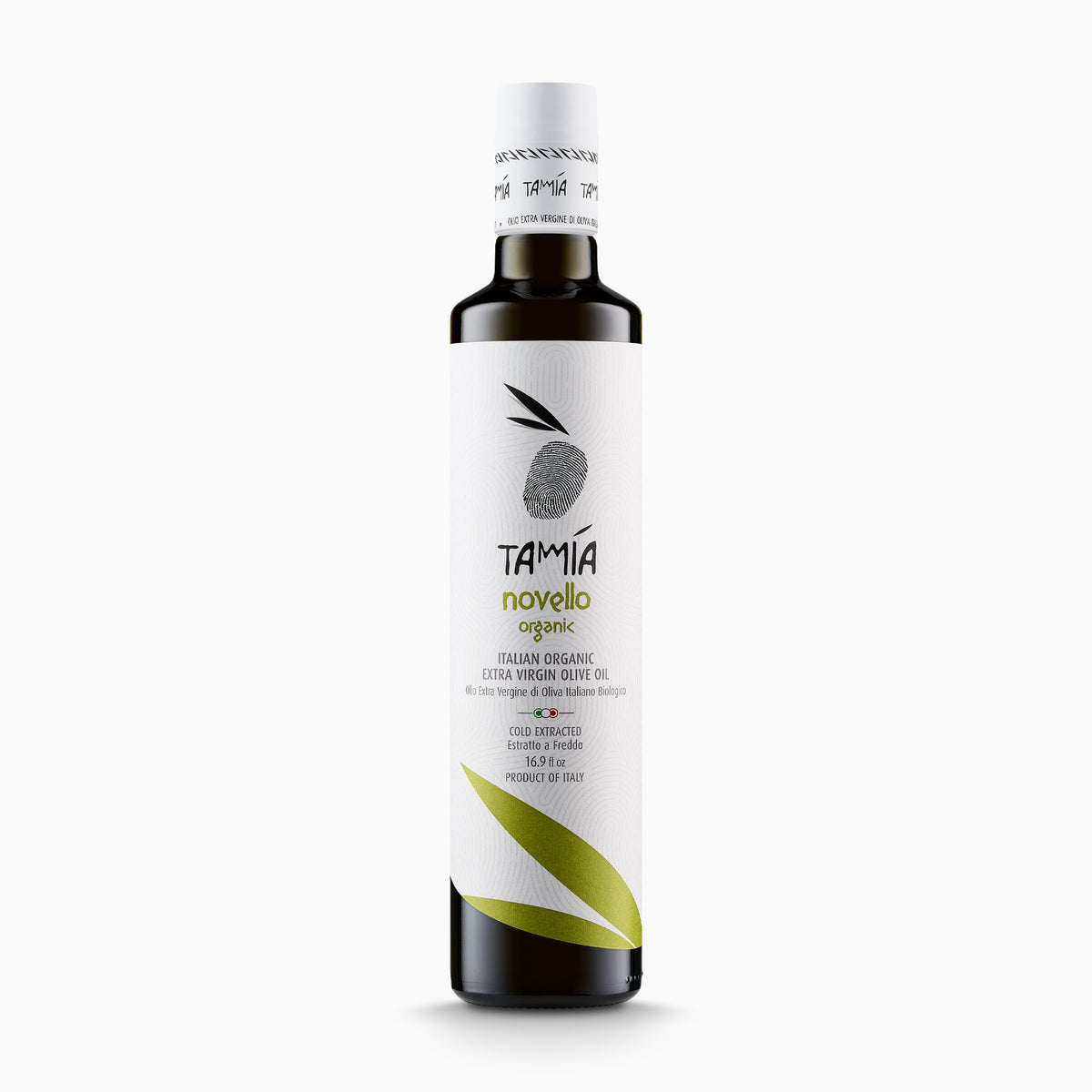 500ml bottle of Tamia Organic Novello extra virgin olive oil from Lazio, Italy.