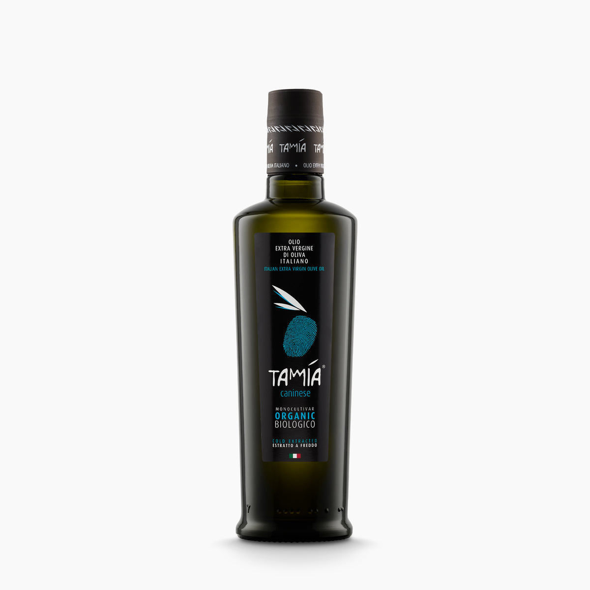 Tamia Caninese Organic 500 ml extra virgin olive oil bottle from Lazio, Italy.