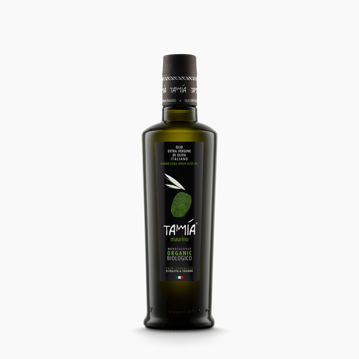500 ml bottle of Tamia Maurino Organic extra virgin olive oil from Lazio, Italy.