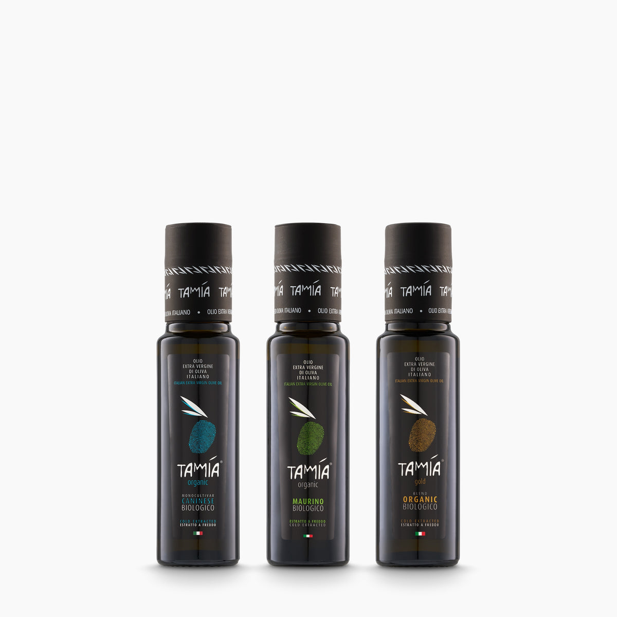 Tamia Organic Mini Trio set with three 100 ml extra virgin olive oil bottles; Caninese, Maurino, and Gold.