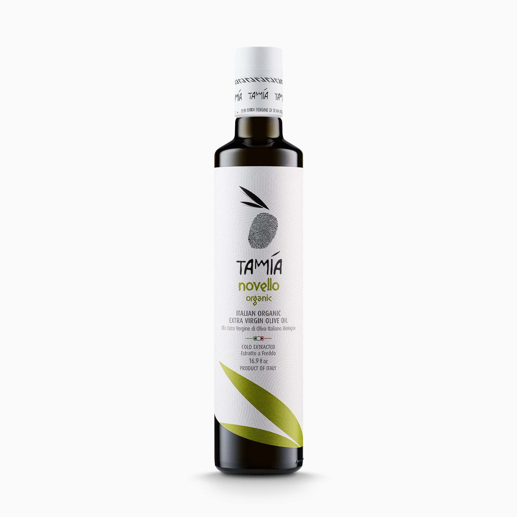 500ml bottle of Tamia Organic Novello extra virgin olive oil from Lazio, Italy.