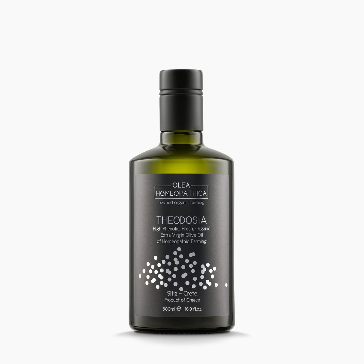 A bottle of Theodosia Homeopathic Koroneiki extra virgin olive oil from Crete, Greece.