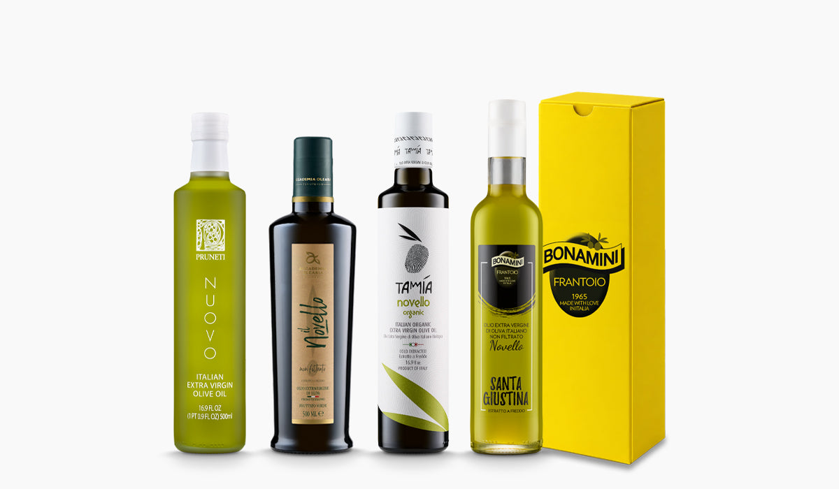 Four Italian early harvest extra virgin olive oils from Frantoio Pruneti, Accademia Olearia, Tamia, and Frantoio Bonamini.