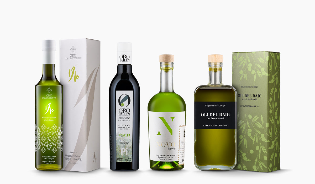 Four Spanish early harvest extra virgin olive oils from Oro Bailen, Oro del Desierto, Nobleza del Sur, and Llagrimes del Canigo.