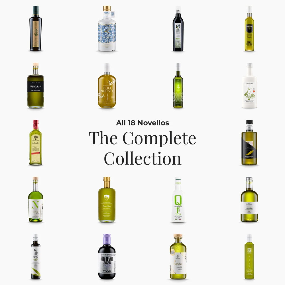 The Ultimate Novello Collection — all 18 early-harvest extra virgin olive oils from this harvest year.