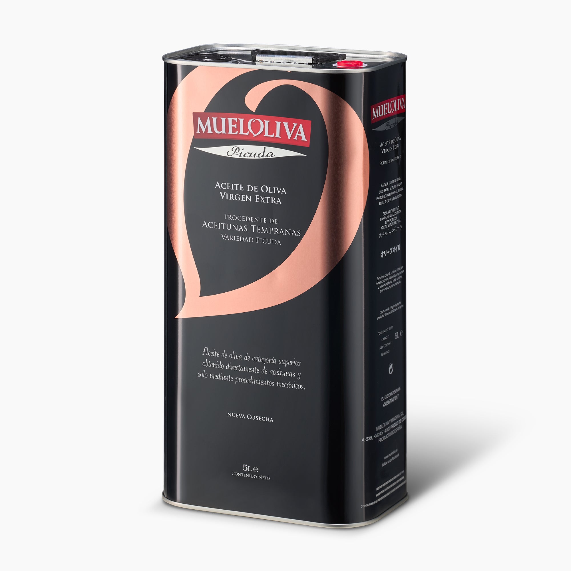 Angled view of Mueloliva Picuda 5L Tin extra virgin olive oil from Spain.