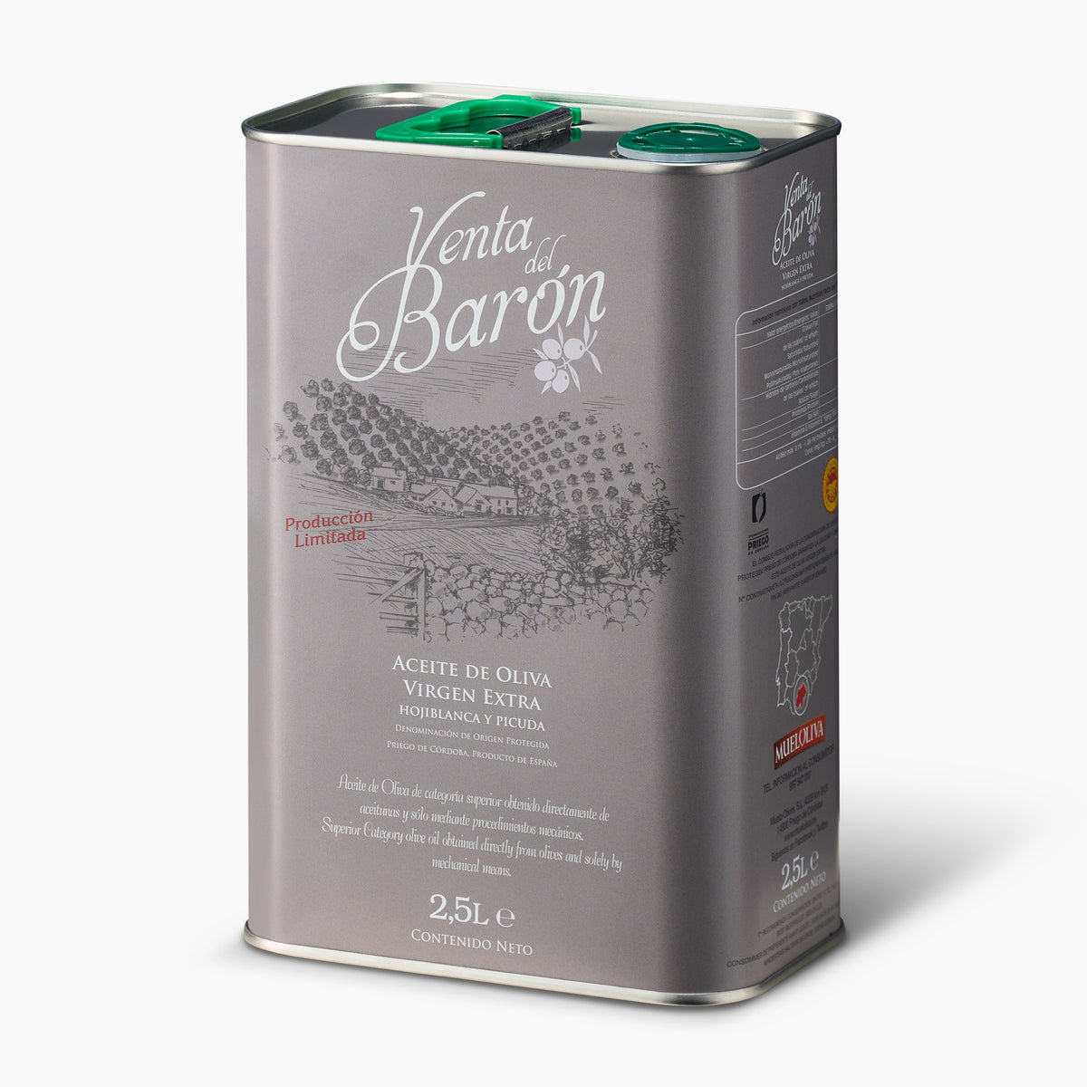 Angled view of Venta del Baron 2.5L extra virgin olive oil tin from Spain.