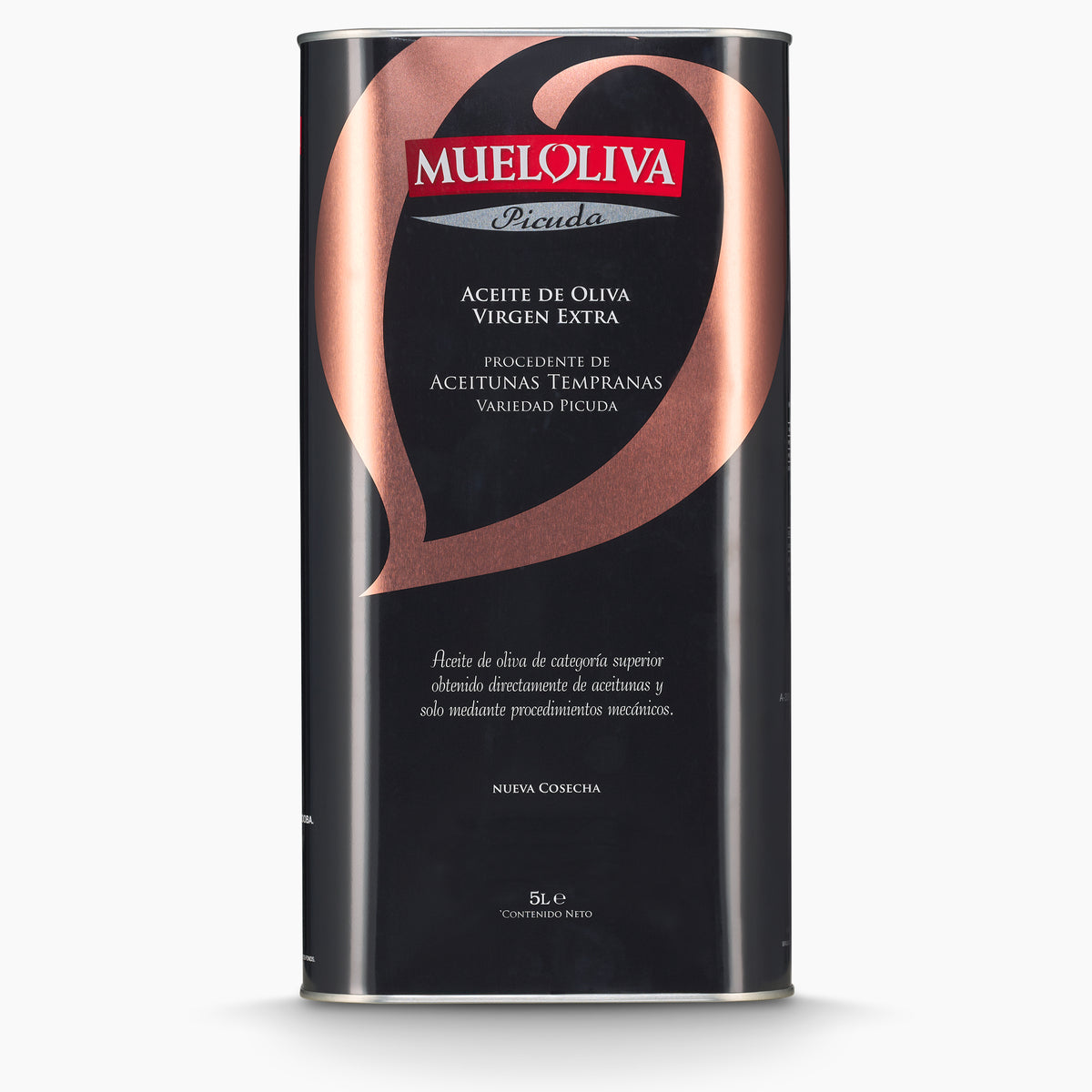 A 5L Tin of Mueloliva Picuda extra virgin olive oil from Andalusia, Spain.