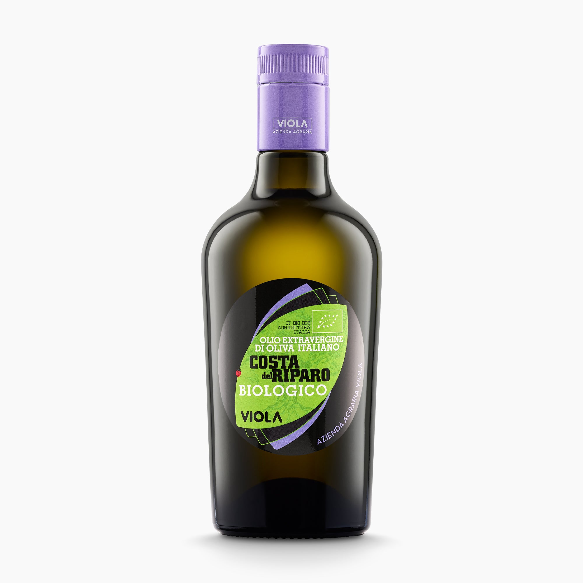 500 ml bottle of Viola Costa del Riparo Organic extra virgin olive oil.