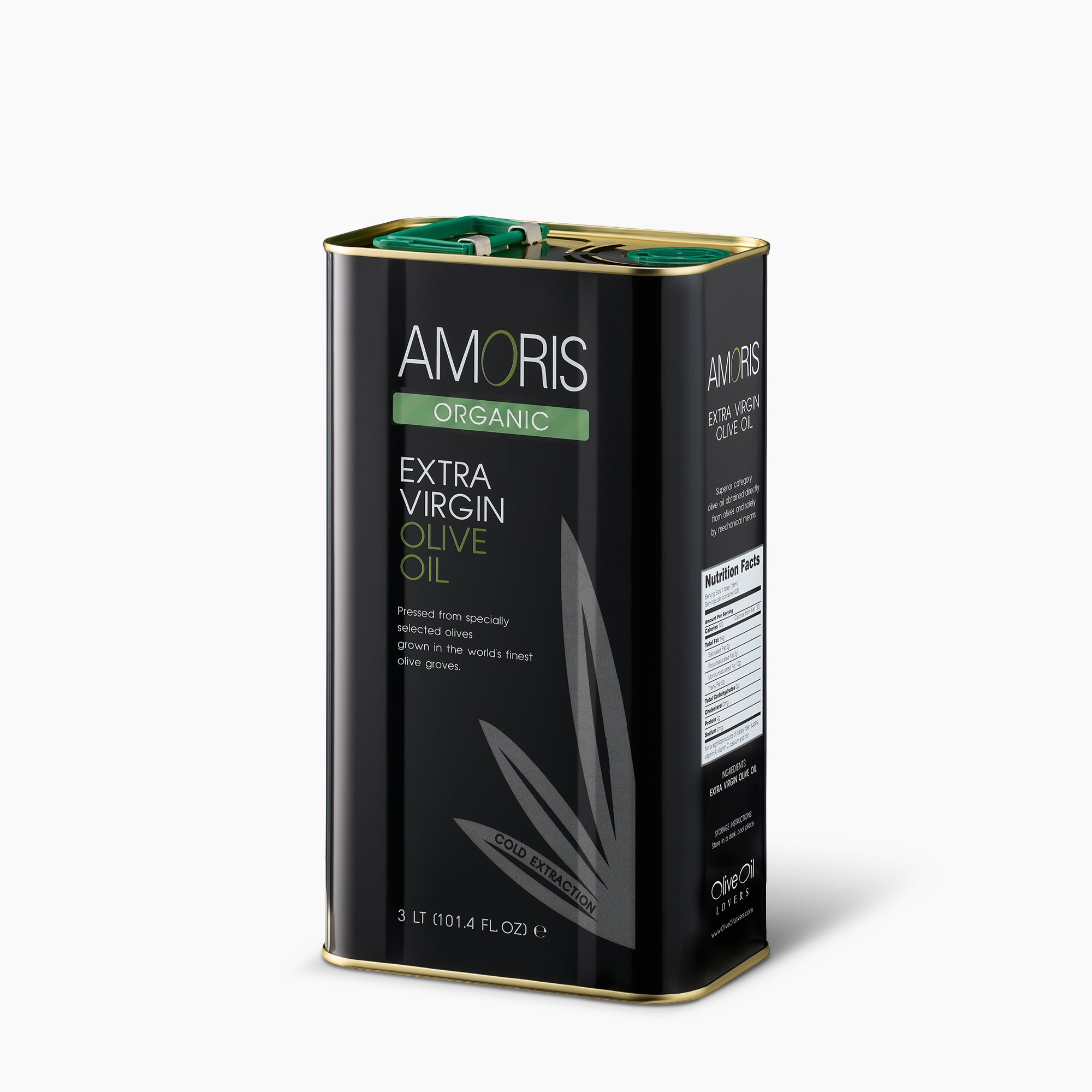 Angled view of Amoris Organic 3L Tin extra virgin olive oil, from Crete, Greece.