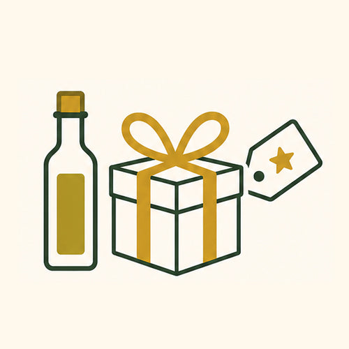 Illustration of a bottle, gift box with ribbon, and gift tag on a beige background.