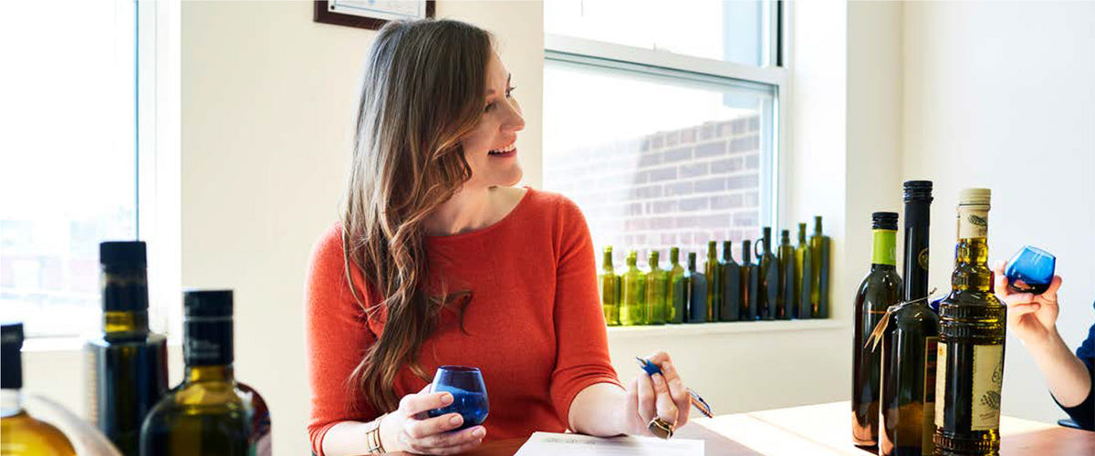 Joanne Lacina during an olive oil tasting session.