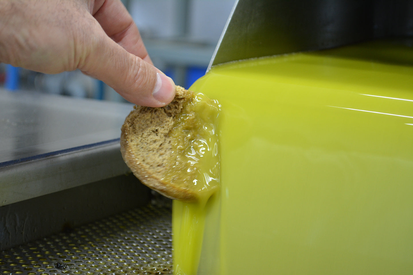 A hand holding a rusk while fresh olive oil is poured over it.
