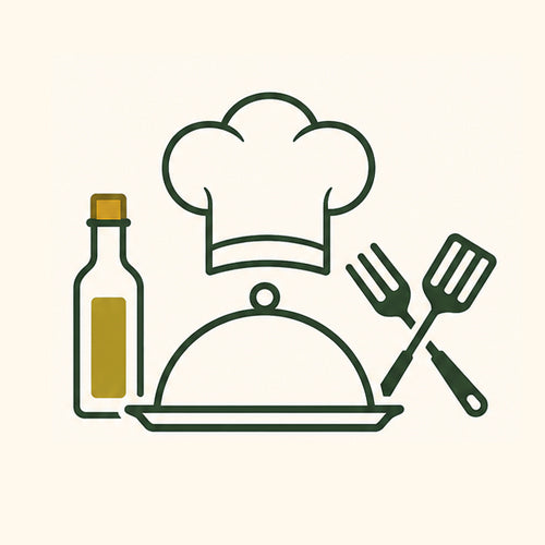 Icon of a chef's hat, bottle, platter, fork, and spatula on a beige background.