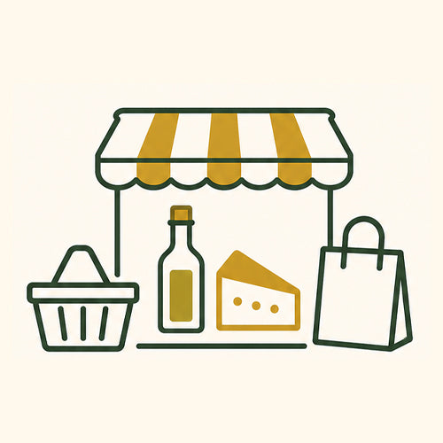 Illustration of a store front with a basket, bottle, cheese, and shopping bag on a beige background.